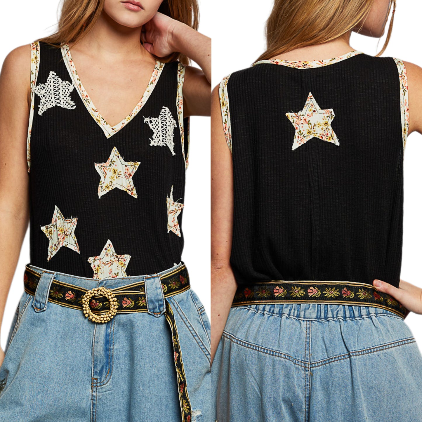POL Boho Floral Star Patchwork Retro Ribbed Tank Top V-Neck Sleeveless Shirt Black