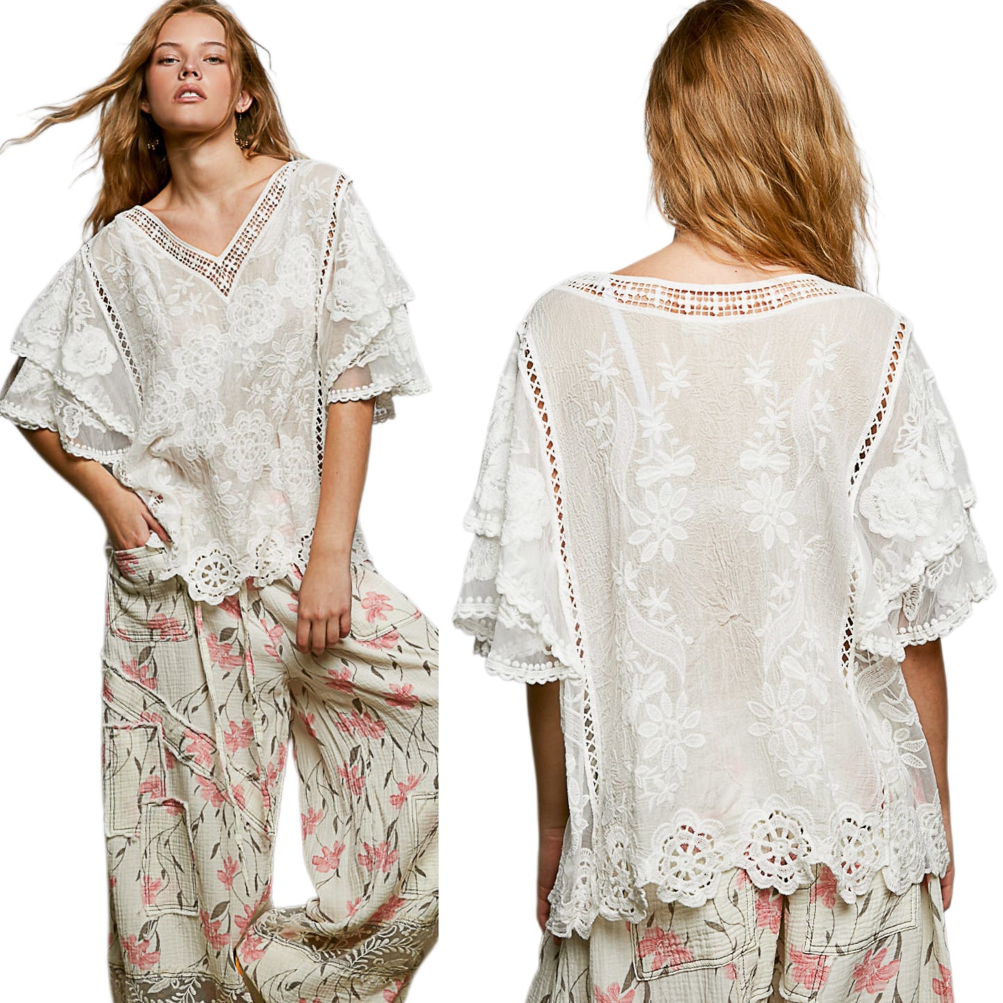 POL Floral Embroidered Flutter Sleeve Blouse Crochet Scalloped Hem Eyelet Lace Top Off-white