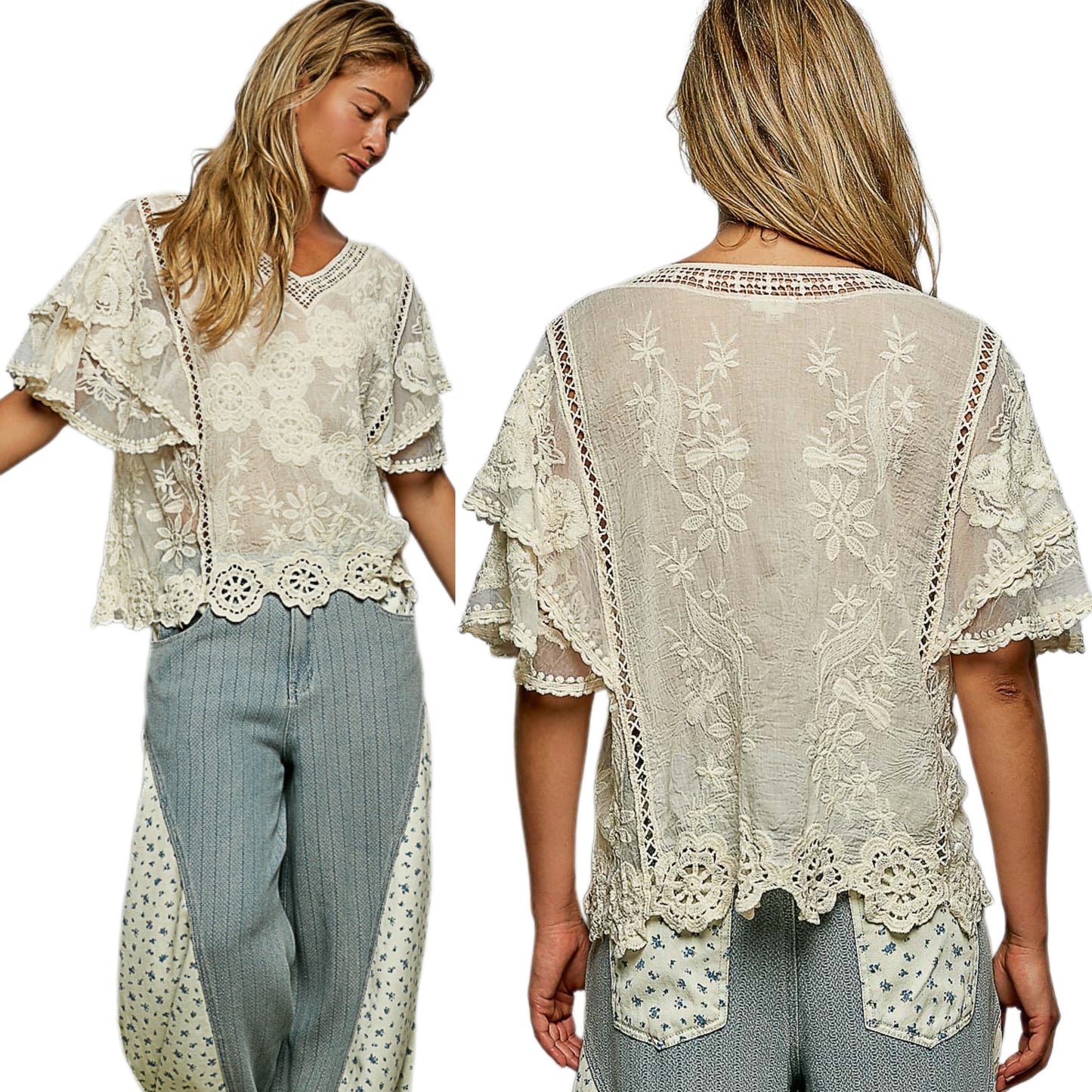 POL Floral Embroidered Flutter Sleeve Blouse Crochet Scalloped Hem Eyelet Lace Top Natural Beige