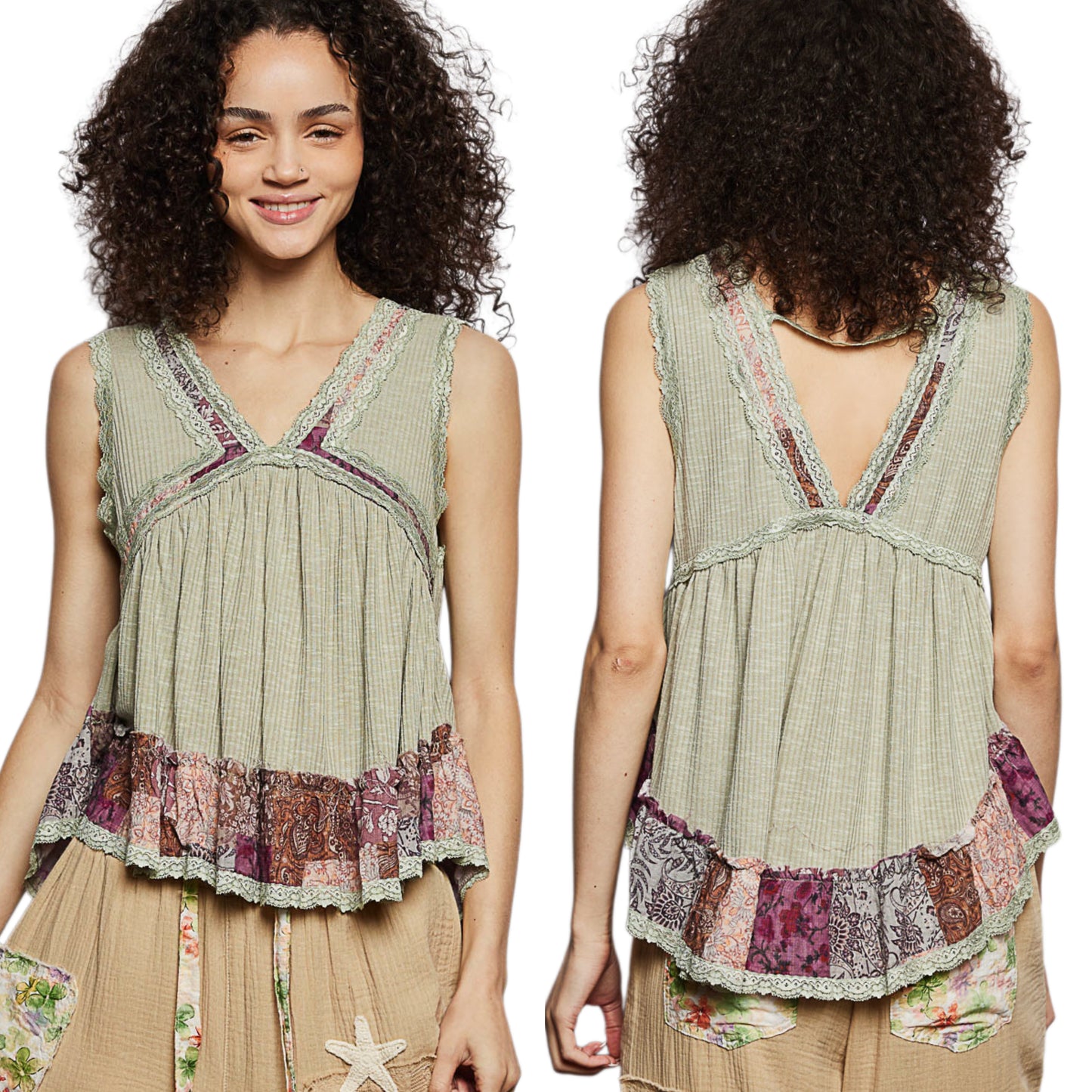 POL Lace Trim Ribbed Sleeveless Tank Top Floral Patchwork Blouse Ruffle Babydoll Shirt Olive Green