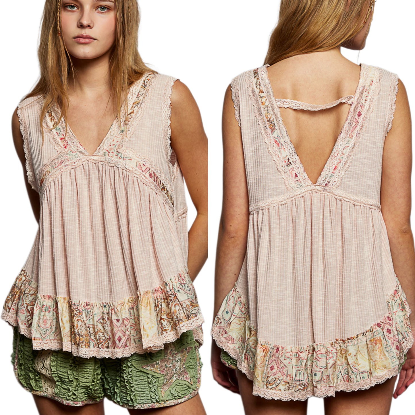 POL Lace Trim Ribbed Sleeveless Tank Top Floral Patchwork Ruffle Babydoll Shirt Pale Pink