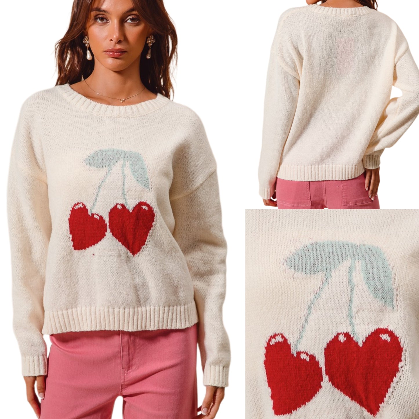 SO ME Cherry Heart Knit Sweater Top Valentine Long Sleeve Round Neck Pullover Ivory