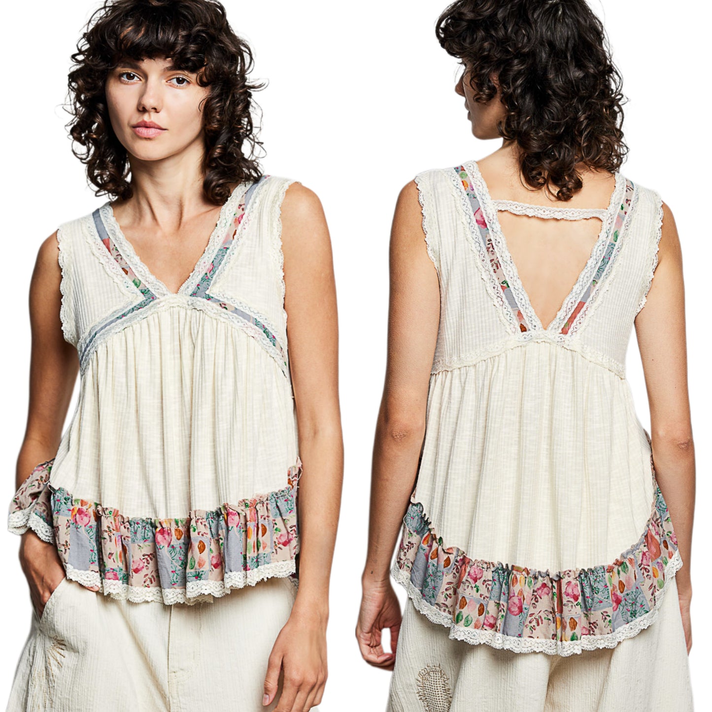 POL Lace Trim Ribbed Sleeveless Tank Top Floral Patchwork Ruffle Babydoll Shirt Natural Cream