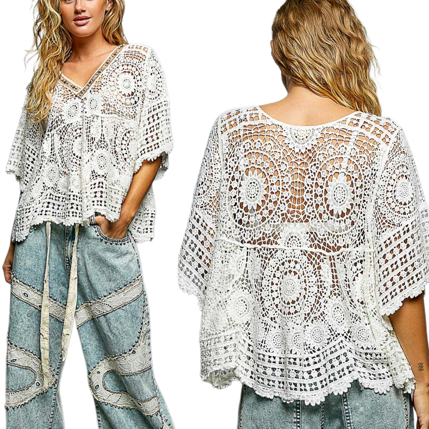 POL Beaded Contrasting V-Neck Top Openwork Granny Crochet Scalloped Hem Blouse Off-white