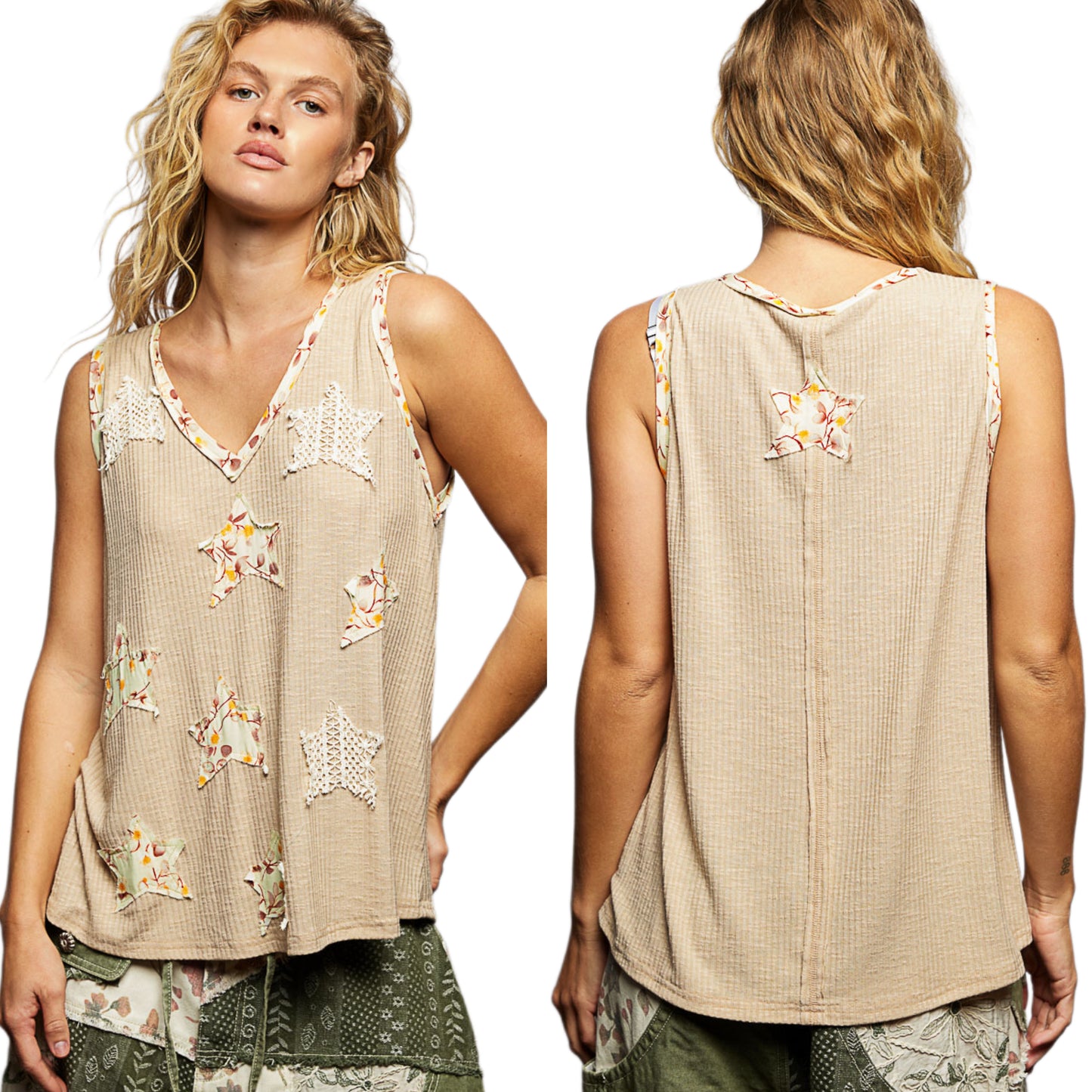 POL Boho Floral Star Patchwork Retro Ribbed Tank Top V-Neck Sleeveless Shirt Wheat Beige