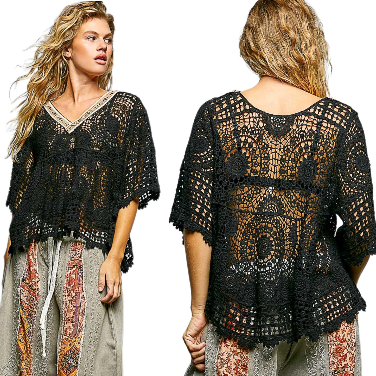 POL Beaded Contrasting V-Neck Top Openwork Granny Crochet Scalloped Hem Blouse Black