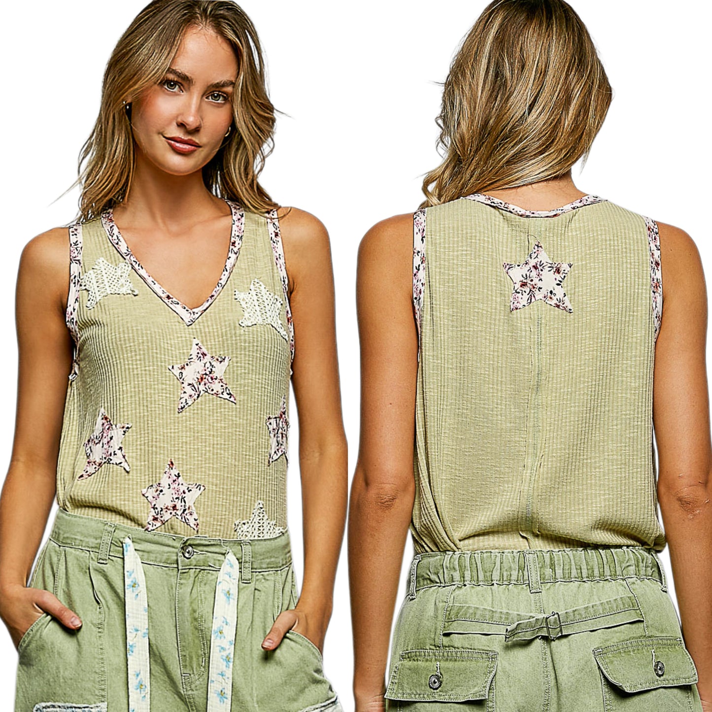 POL Boho Floral Star Patchwork Retro Ribbed Tank Top V-Neck Sleeveless Shirt Sage Green