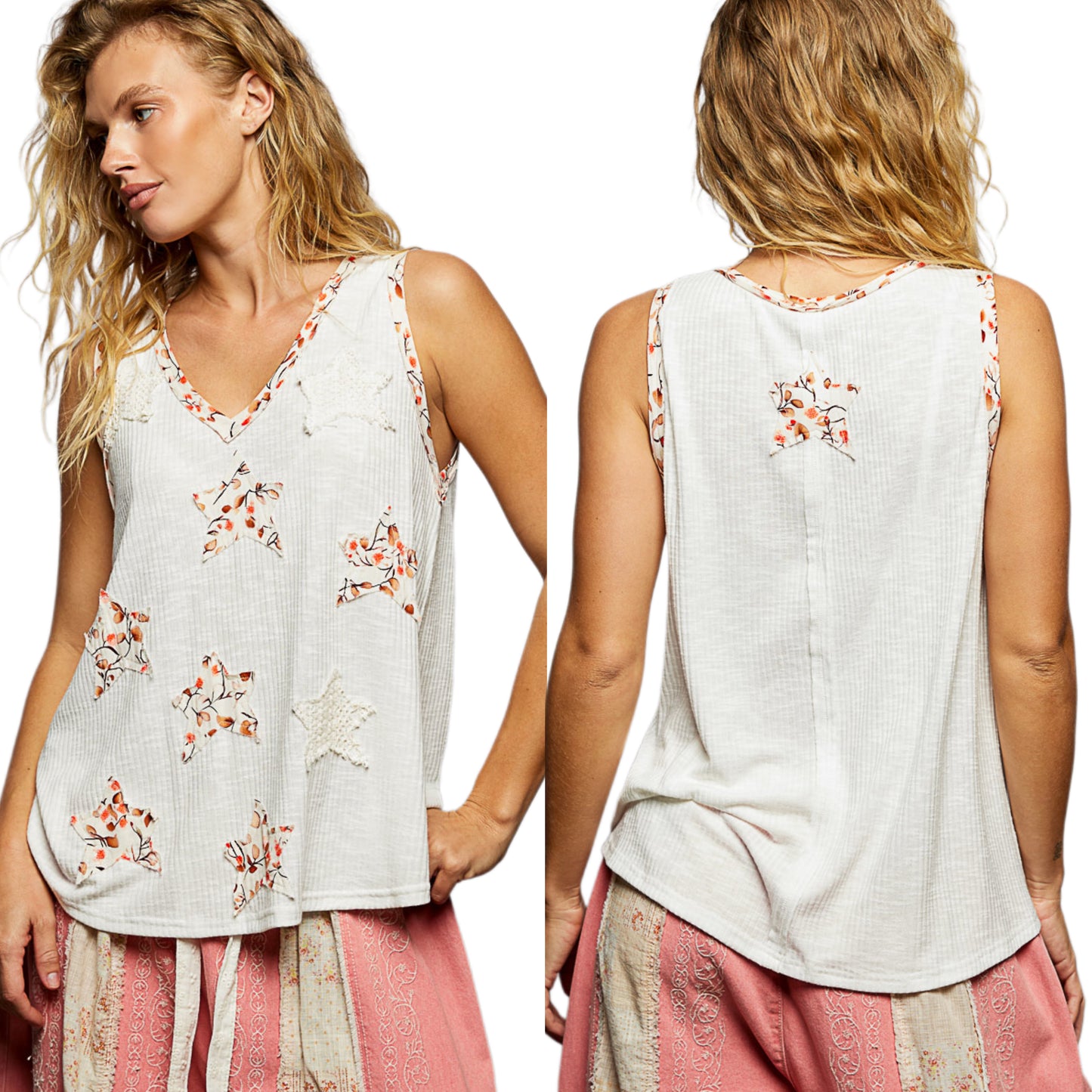 POL Boho Floral Star Patchwork Retro Ribbed Tank Top V-Neck Sleeveless Shirt Off-white