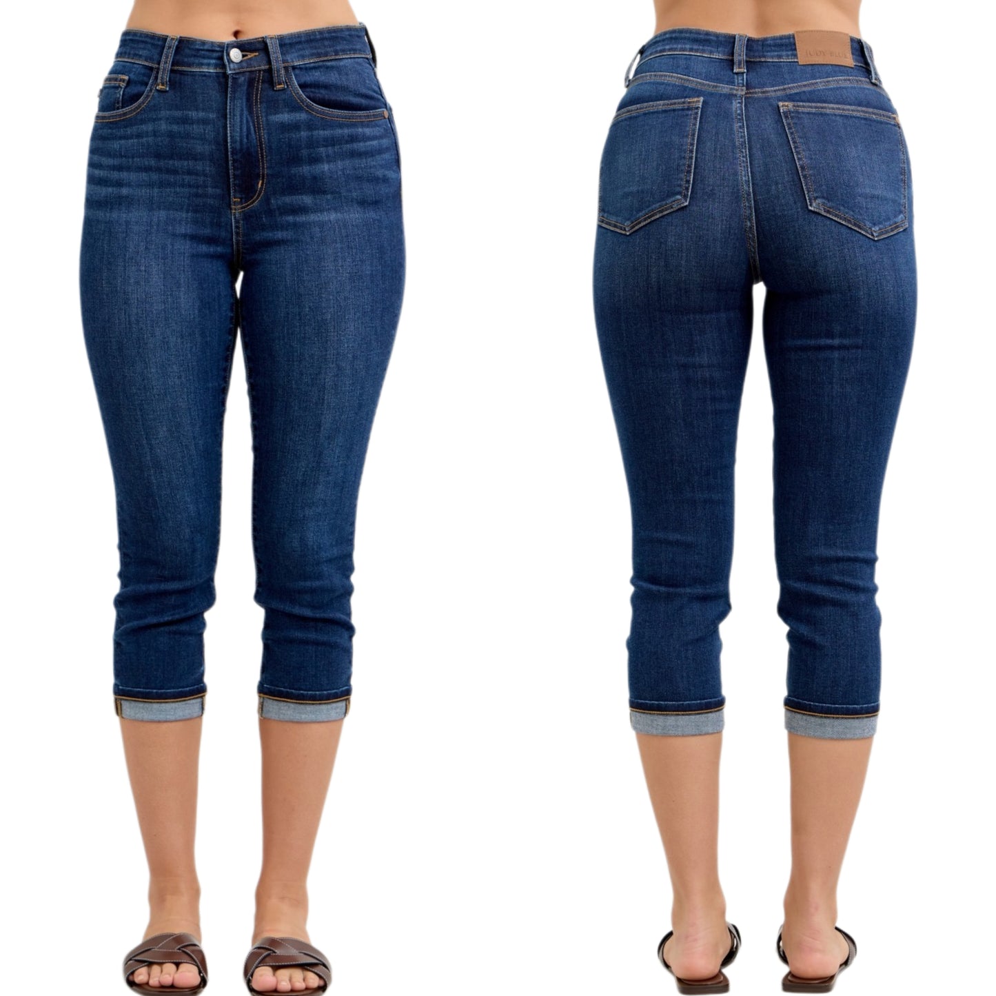 Judy Blue High-Rise Waist Capri Jeans Single Cuff Hem Skinny Fit Denim Pants Dark Blue