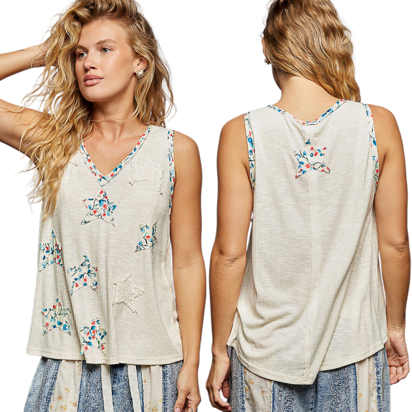 POL Boho Floral Star Patchwork Retro Ribbed Tank Top V-Neck Sleeveless Shirt Natural Beige