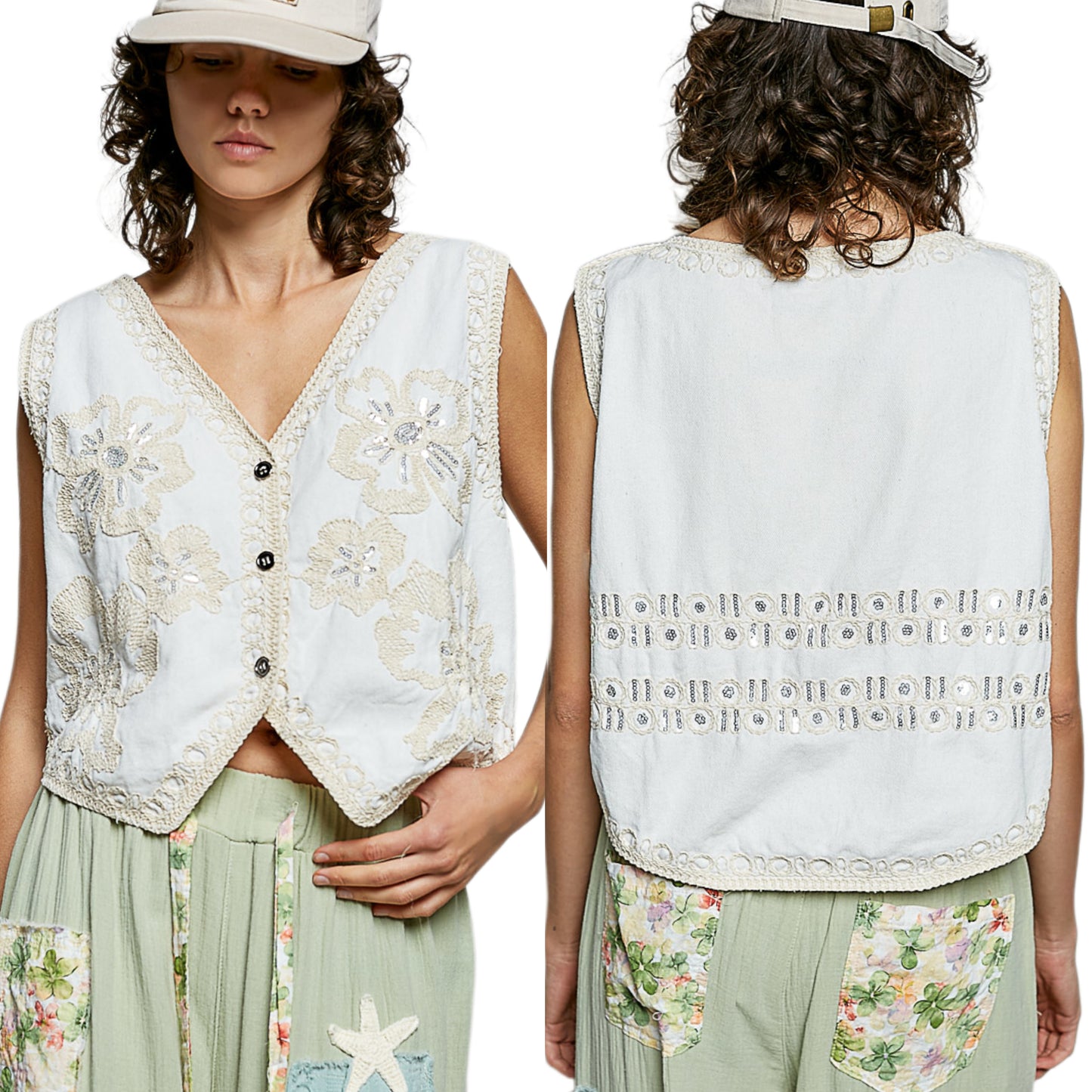 POL Sequin Floral Embroidered Crochet V-Neck Button-Up Top Sleeveless Boho Vest White
