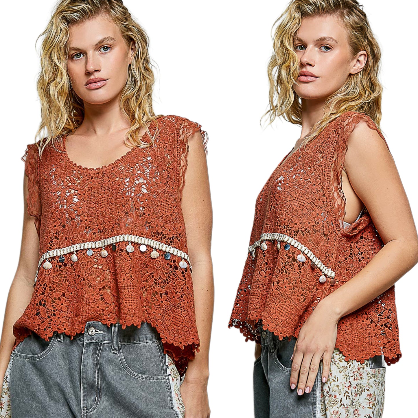 POL Scalloped Edge Seashell Lace Trim Openwork Crochet Sleeveless Tank Top Ginger Brown