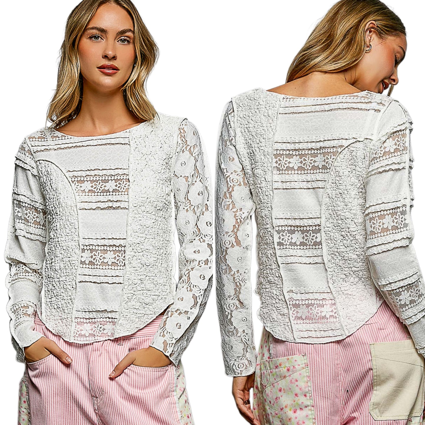 POL Floral Lace Patchwork Exposed Seam Shirt Round Neck Ruffle Long Sleeve Top Off-white