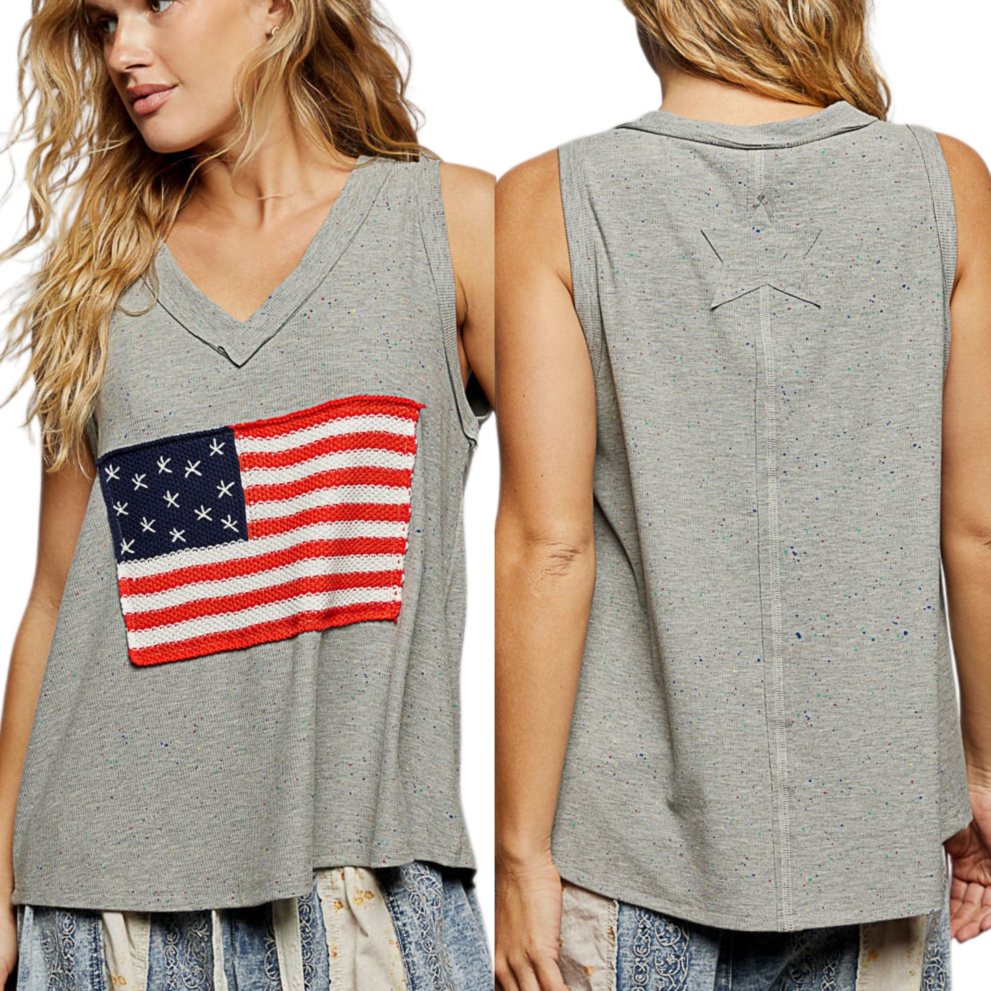 POL Crochet American Flag Patchwork Ribbed Tank Top V-Neck Sleeveless Shirt Gray