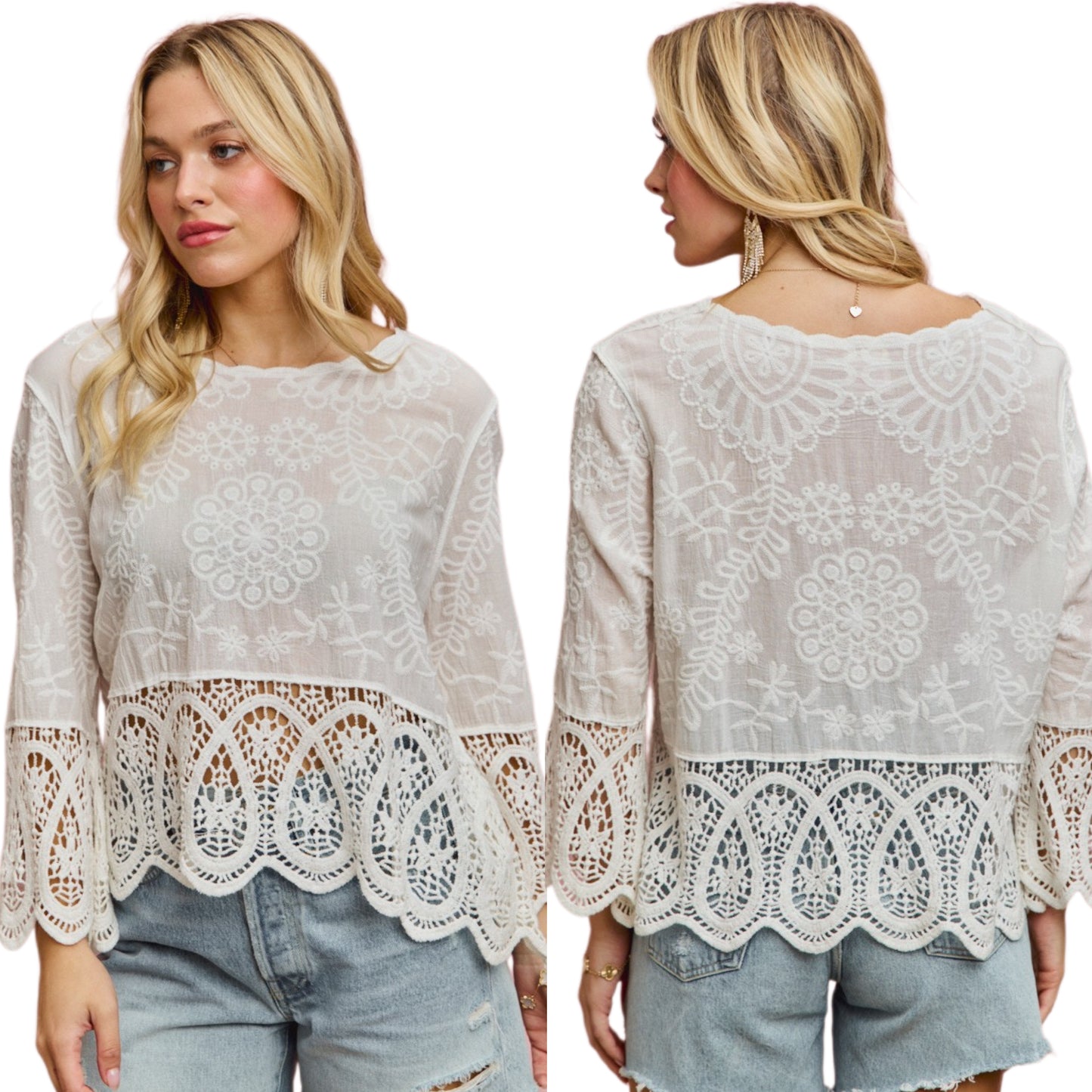 SO ME Floral Embroidered Crochet Lace Trim Top Bell Sleeves Scallop Cotton Blouse Off-white