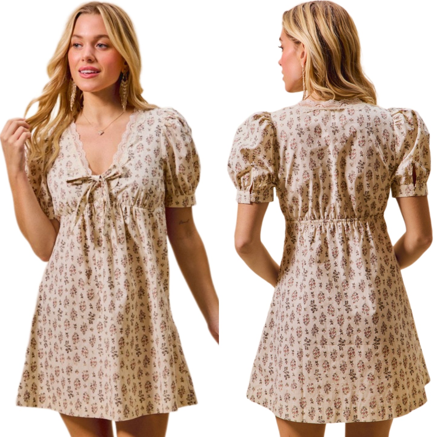 SO ME Retro Floral Cotton Lace Trim V-Neck Puff Short Sleeve Babydoll Mini Dress