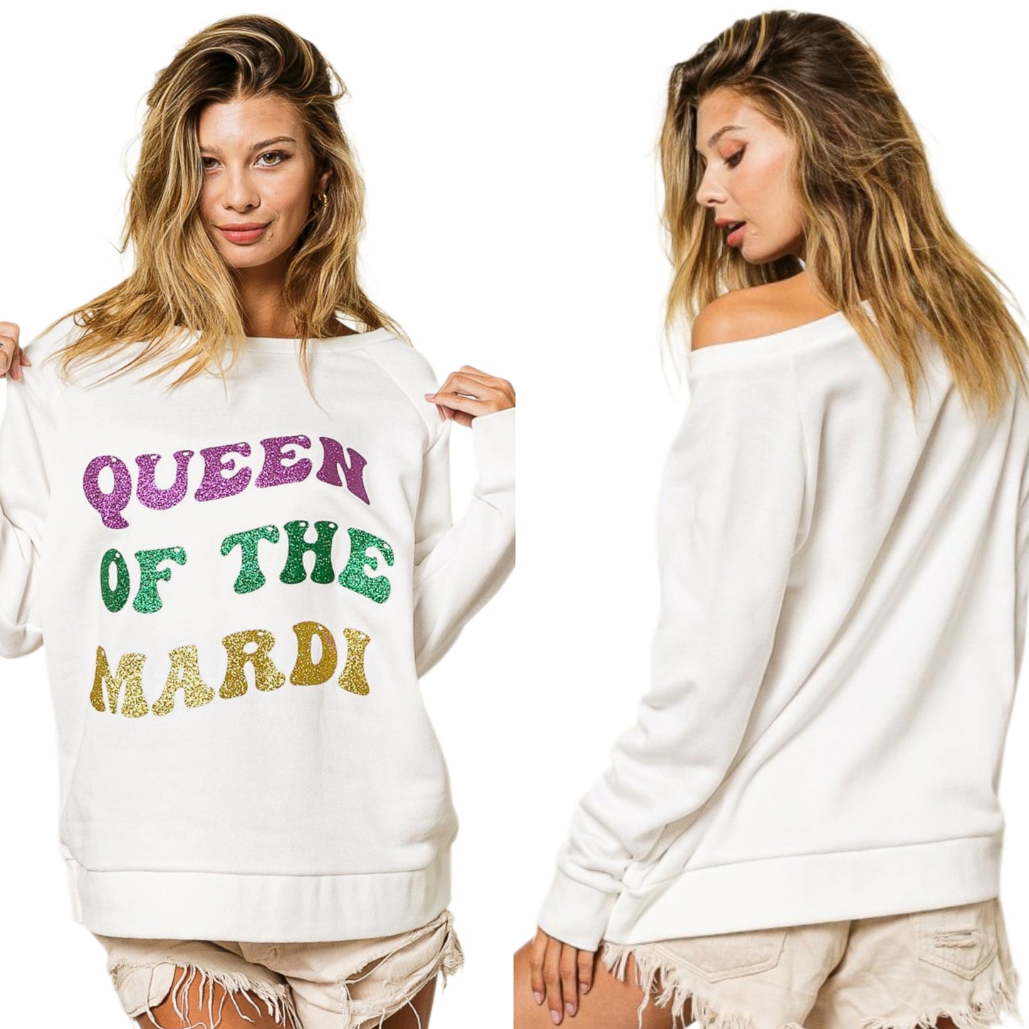 BiBi Sparkling Glitter Queen Of Mardi Cotton Sweatshirt Mardi Gras Pullover Top Off-white