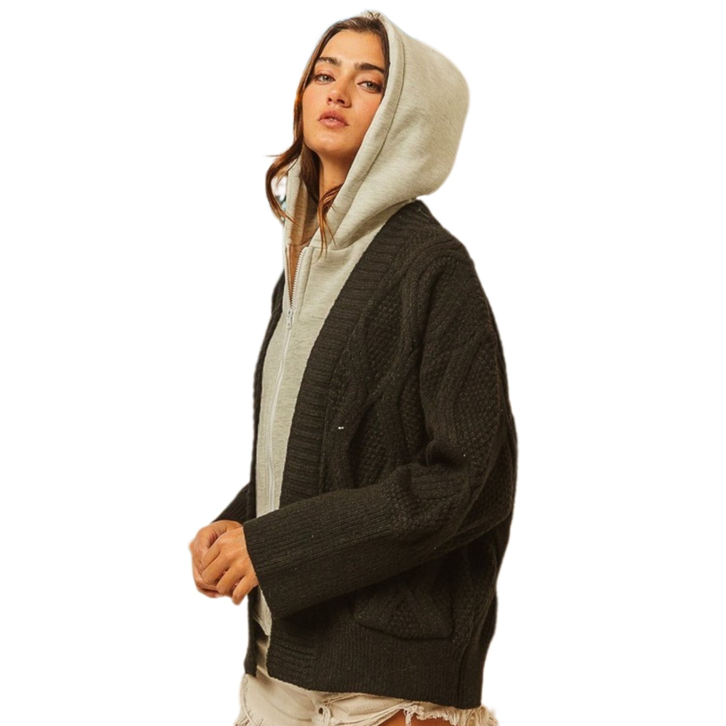 BiBi Hoodie Sweater Jacket Contrasting Chunky Knit Combined Zipper-Up Patch Pocket