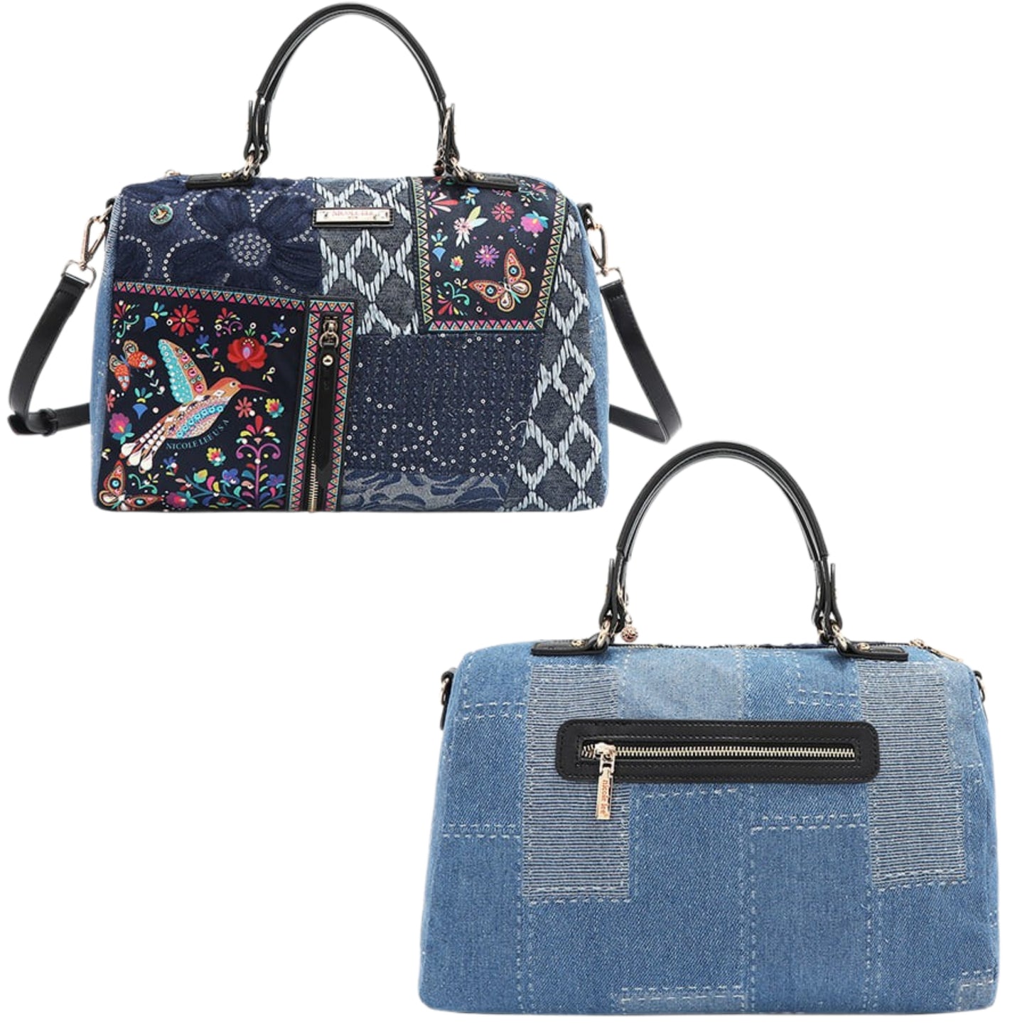Nicole Lee Patchwork Denim Bosque de Amor Rhinestone Satchel Shoulder Embroidered Bag Sequin Purse