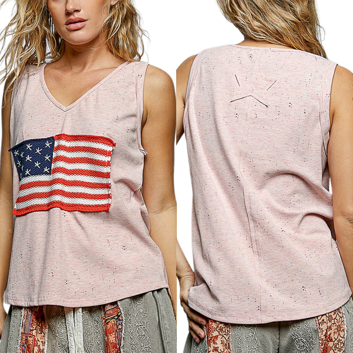 POL Crochet American Flag Patchwork Ribbed Tank Top V-Neck Sleeveless Shirt Pink