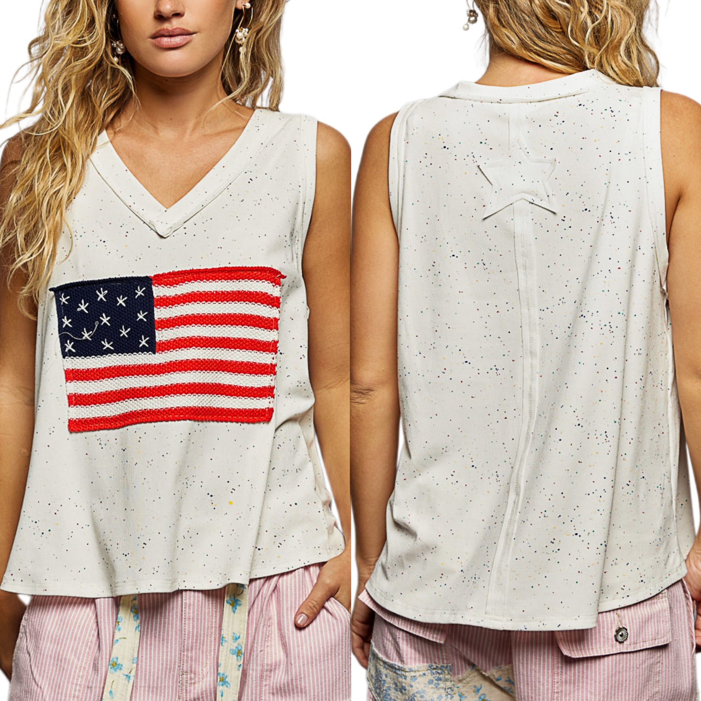 POL Crochet American Flag Patchwork Ribbed Tank Top V-Neck Sleeveless Shirt Off-white