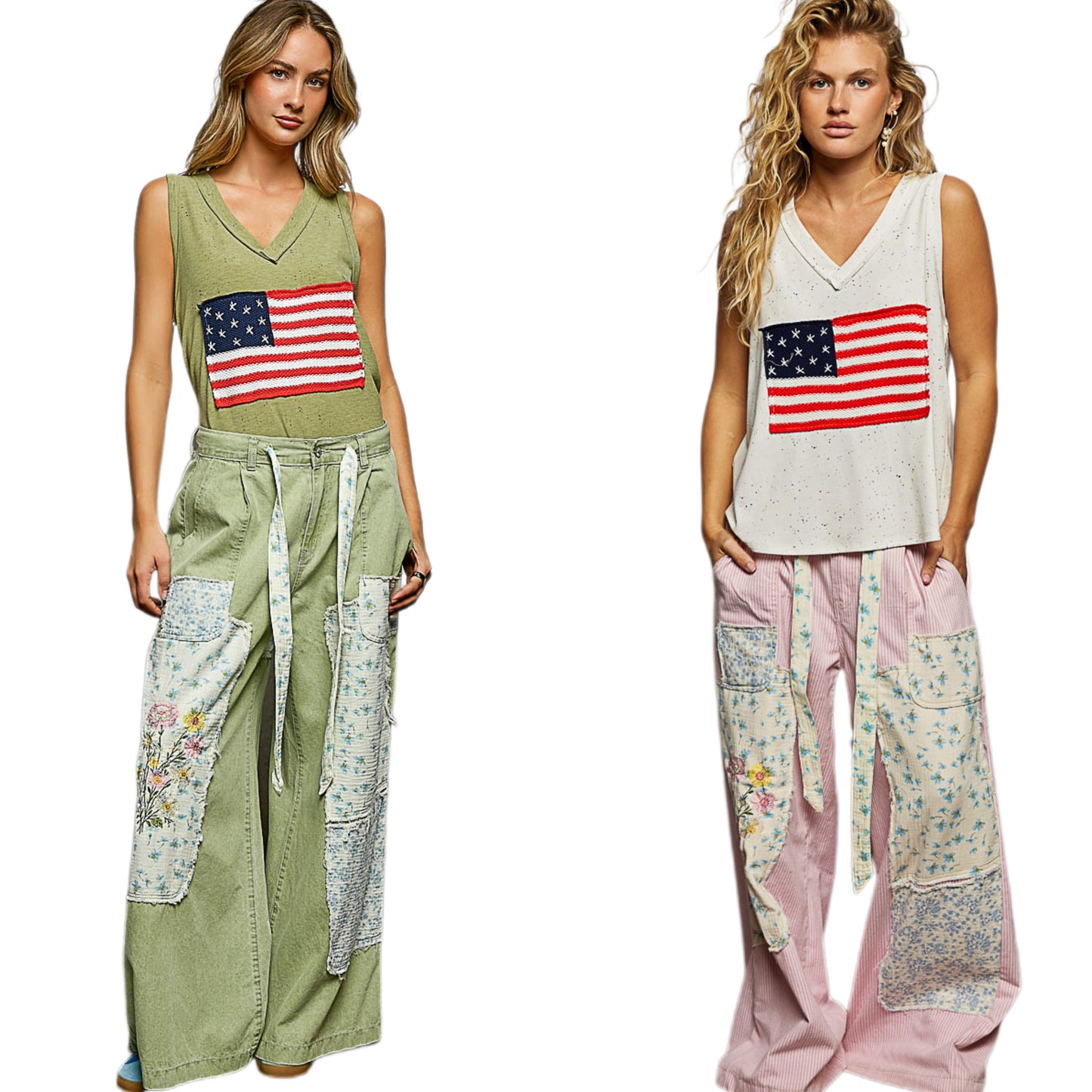 POL Crochet American Flag Patchwork Ribbed Tank Top V-Neck Sleeveless Shirt Green