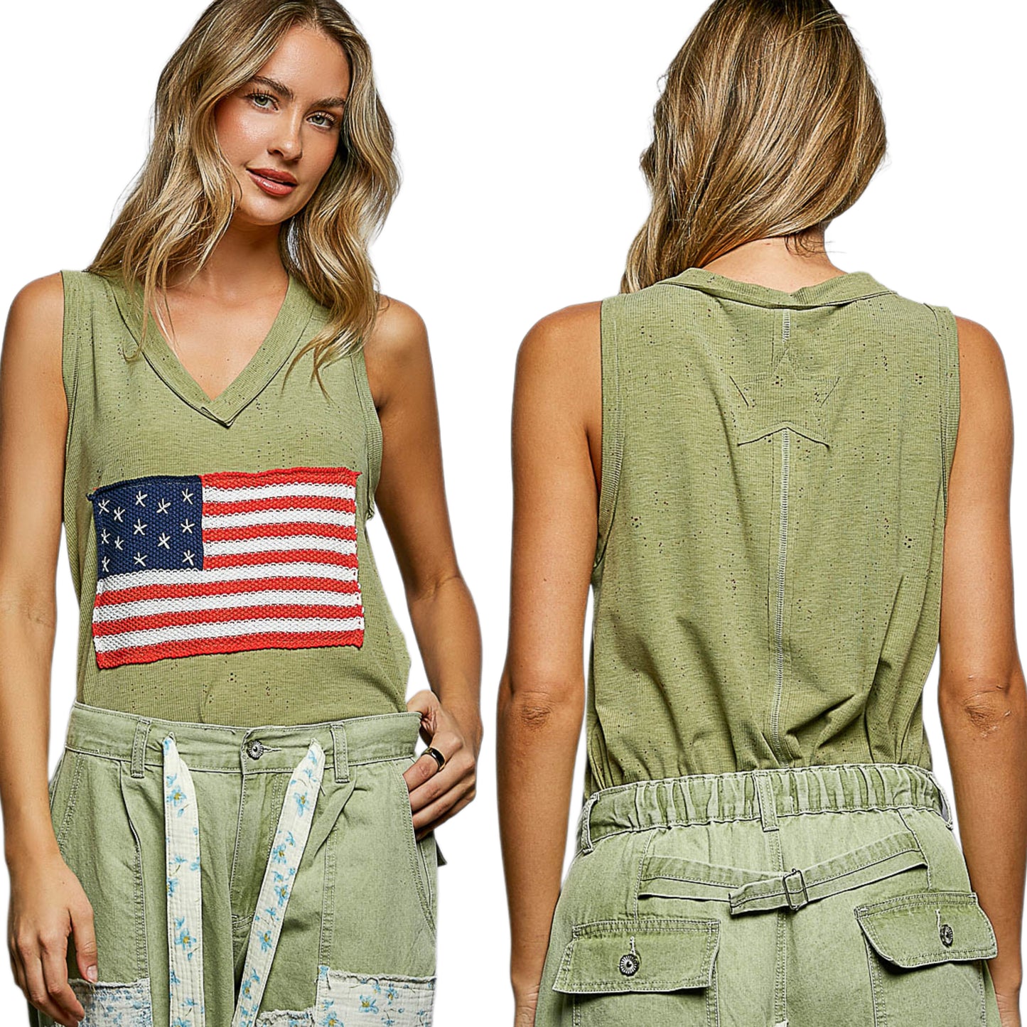 POL Crochet American Flag Patchwork Ribbed Tank Top V-Neck Sleeveless Shirt Green