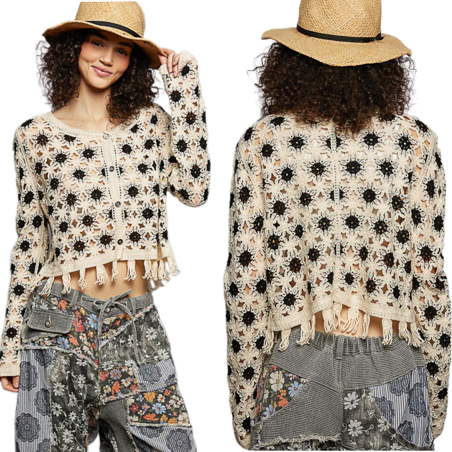 POL Openwork Floral Crochet Granny Knit Cardigan Tassel Fringe Hem Crop Button-Up Neutral Black