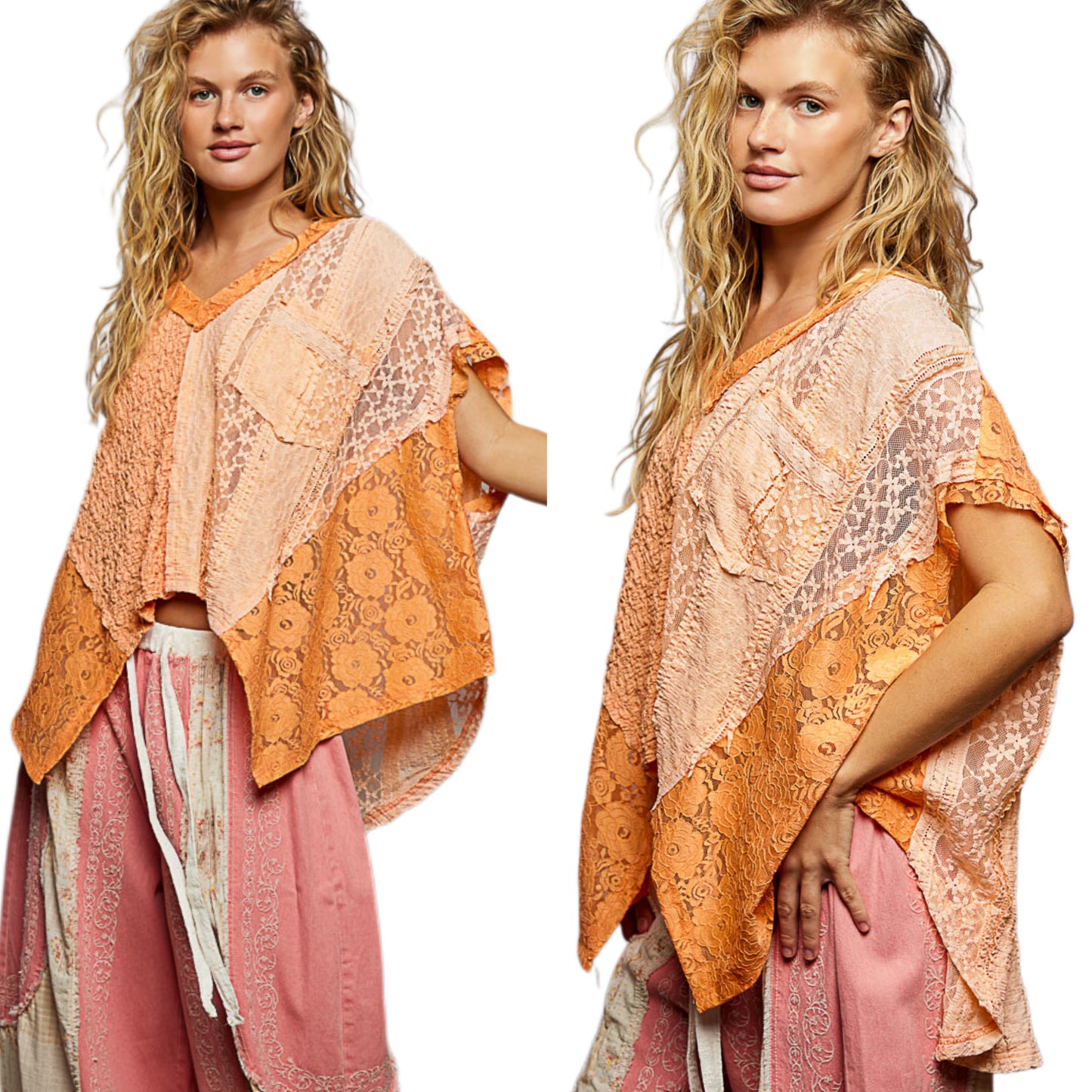 POL Lace Patchwork Asymmetrical Drape Shirt Oversized V-Neck Exposed Seam Top Orange