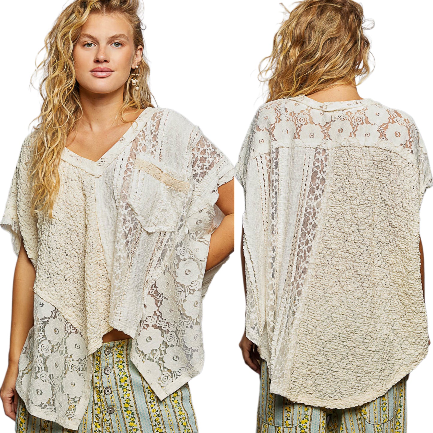 POL Lace Patchwork Asymmetrical Drape Shirt Oversized V-Neck Exposed Seam Top Natural Cream