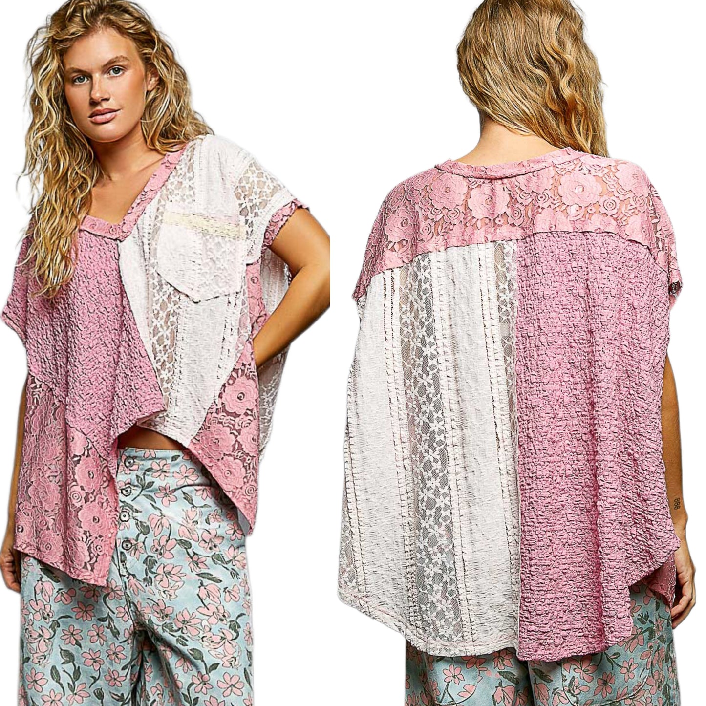 POL Lace Patchwork Asymmetrical Drape Shirt Oversized V-Neck Exposed Seam Top Pink