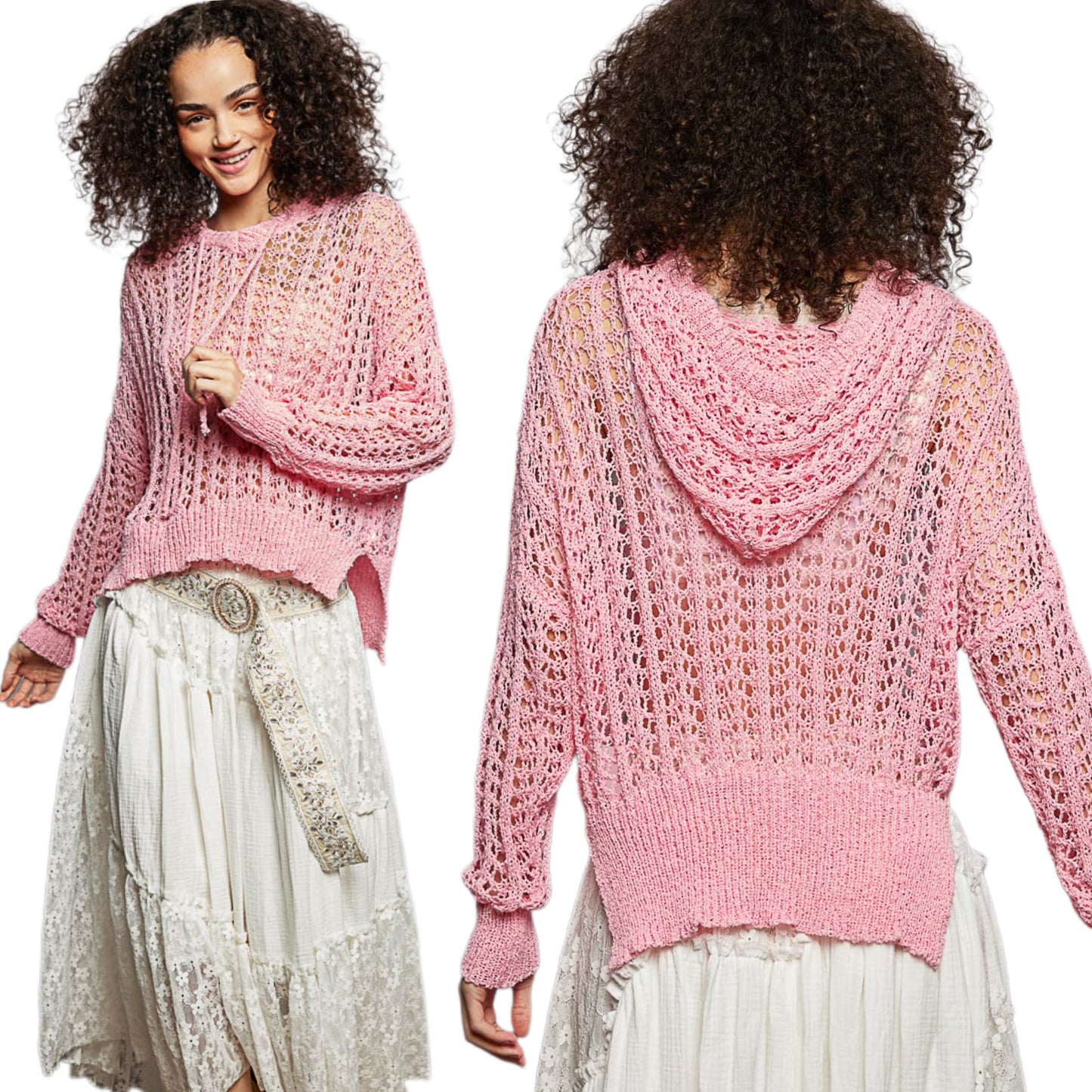 POL Crochet Hoodie Openwork Knit Top Long Sleeve High Low Pullover Sweater Shirt Pink