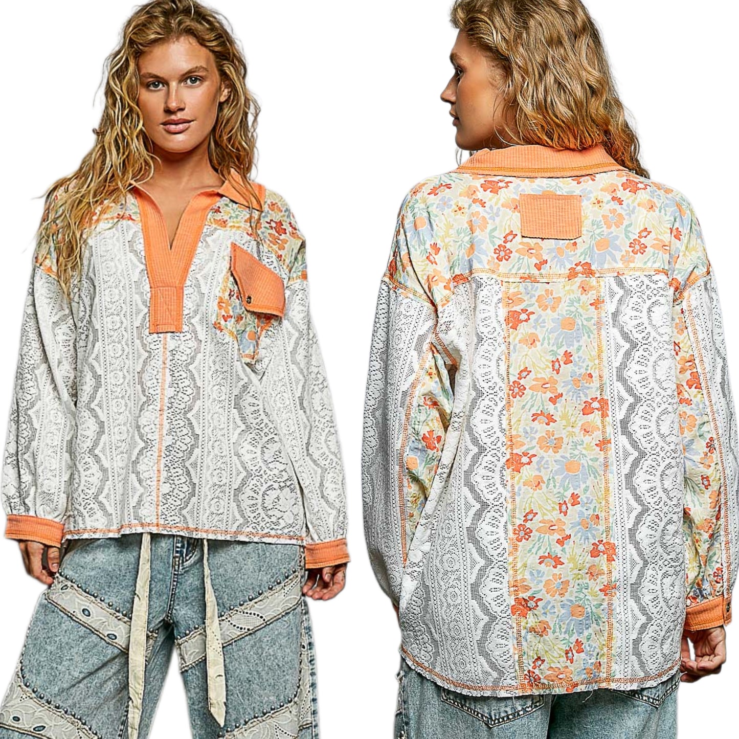 POL Floral Lace Patchwork Long Sleeve Shirt Front Pocket Top Split Collar Blouse Coral Orange