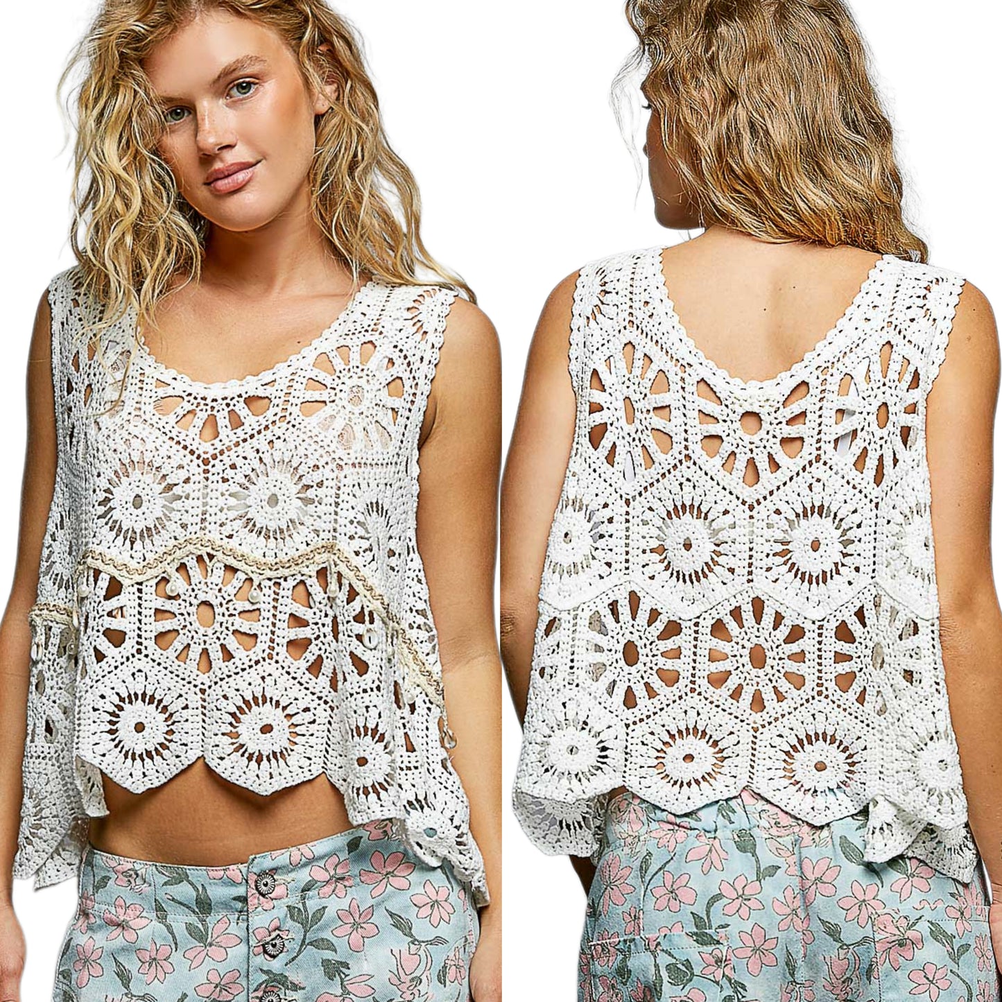 POL Floral Patch Granny Square Crochet Scalloped Edge Sleeveless Knit Tank Top Off-white