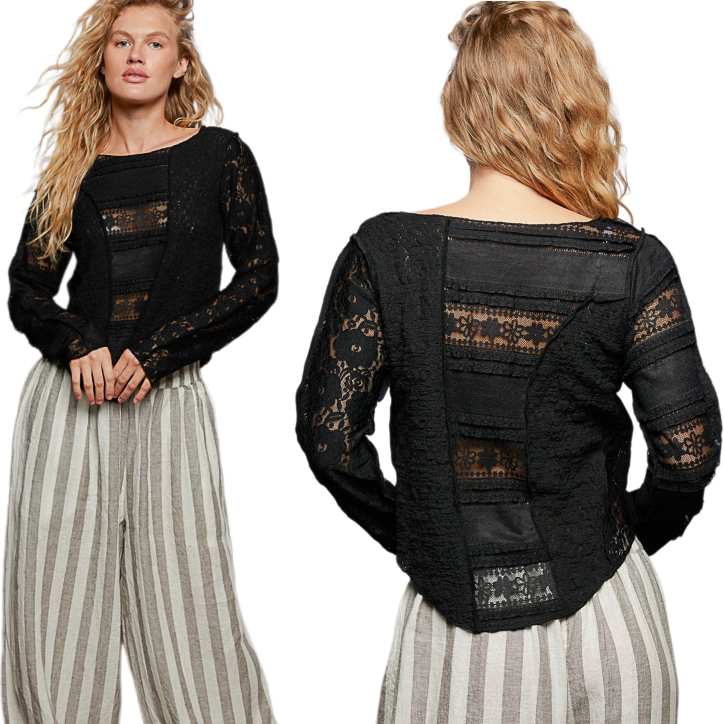 POL Lace Patchwork Top Round Neck Exposed Seam Shirt Long Sleeve Blouse Black