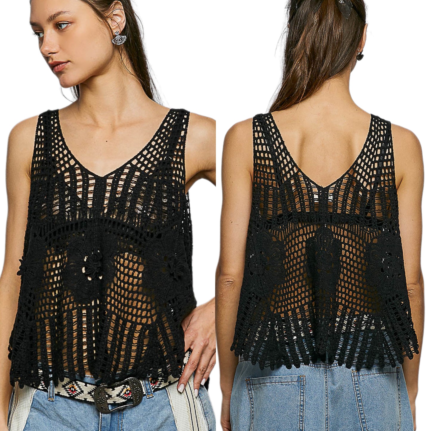 POL Cotton Floral Openwork Granny Retro Crochet Sleeveless Shirt V-Neck Tank Top Black