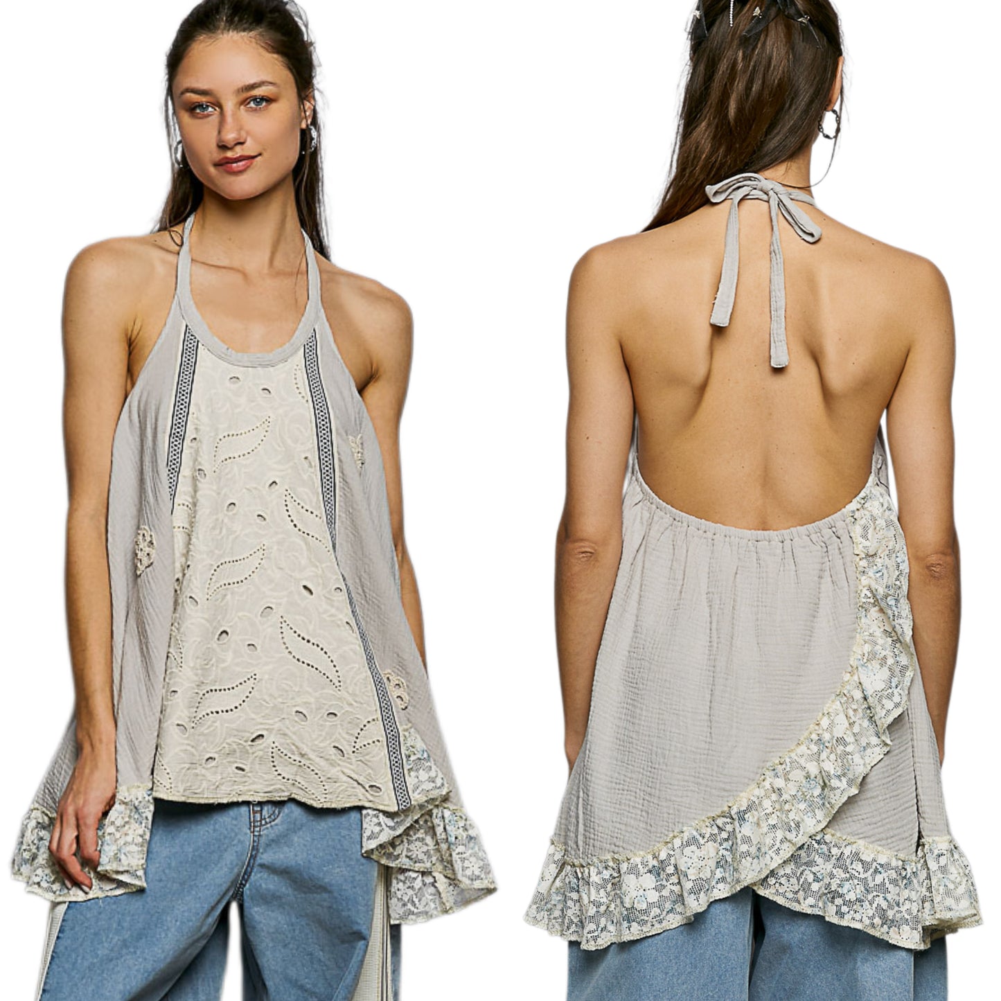 POL Lace Ruffle Eyelet Mixed Patchwork Gauze Halter Top Open Back Tunic Shirt