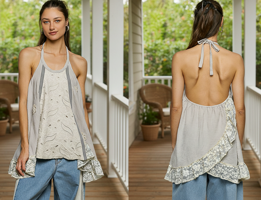 POL Lace Ruffle Eyelet Mixed Patchwork Gauze Halter Top Open Back Tunic Shirt