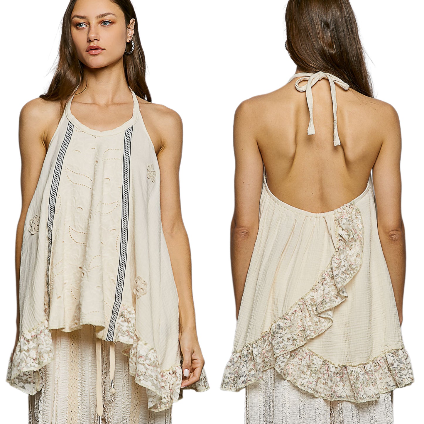 POL Lace Ruffle Eyelet Mixed Patchwork Gauze Halter Top Open Back Tunic Shirt Natural Cream