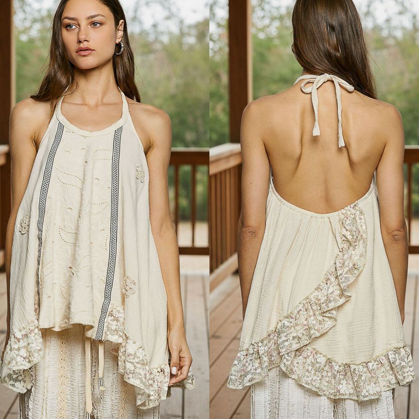 POL Lace Ruffle Eyelet Mixed Patchwork Gauze Halter Top Open Back Tunic Shirt Natural Cream