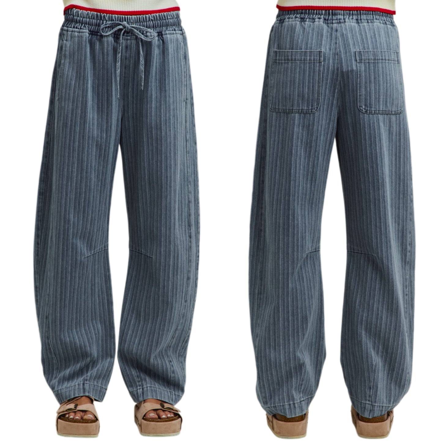 SO ME Retro Stripe Denim Horseshoe Barrel Jeans Drawstring Waist Denim Jeans