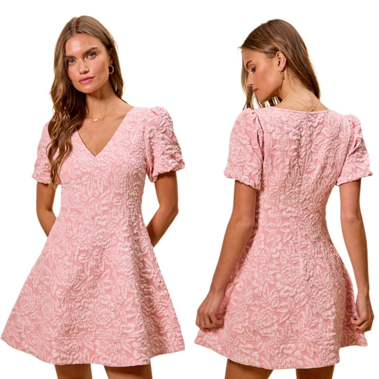 SO ME Raised Floral Jacquard Fit And Flare Short Sleeve V-Neck Short Mini Dress Pink