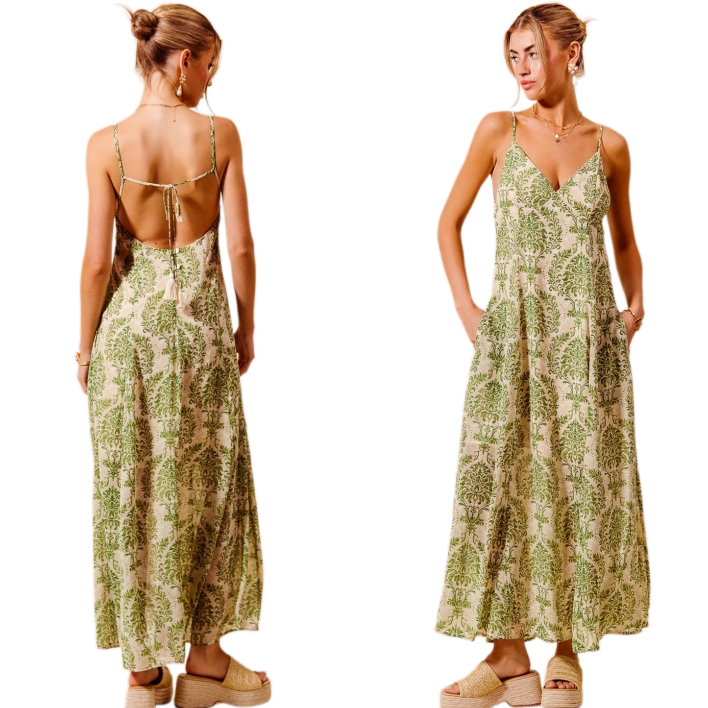 SO ME Damask Floral Boho Open Back Spaghetti Tassel Strap V-Neck Maxi Dress Sage Green