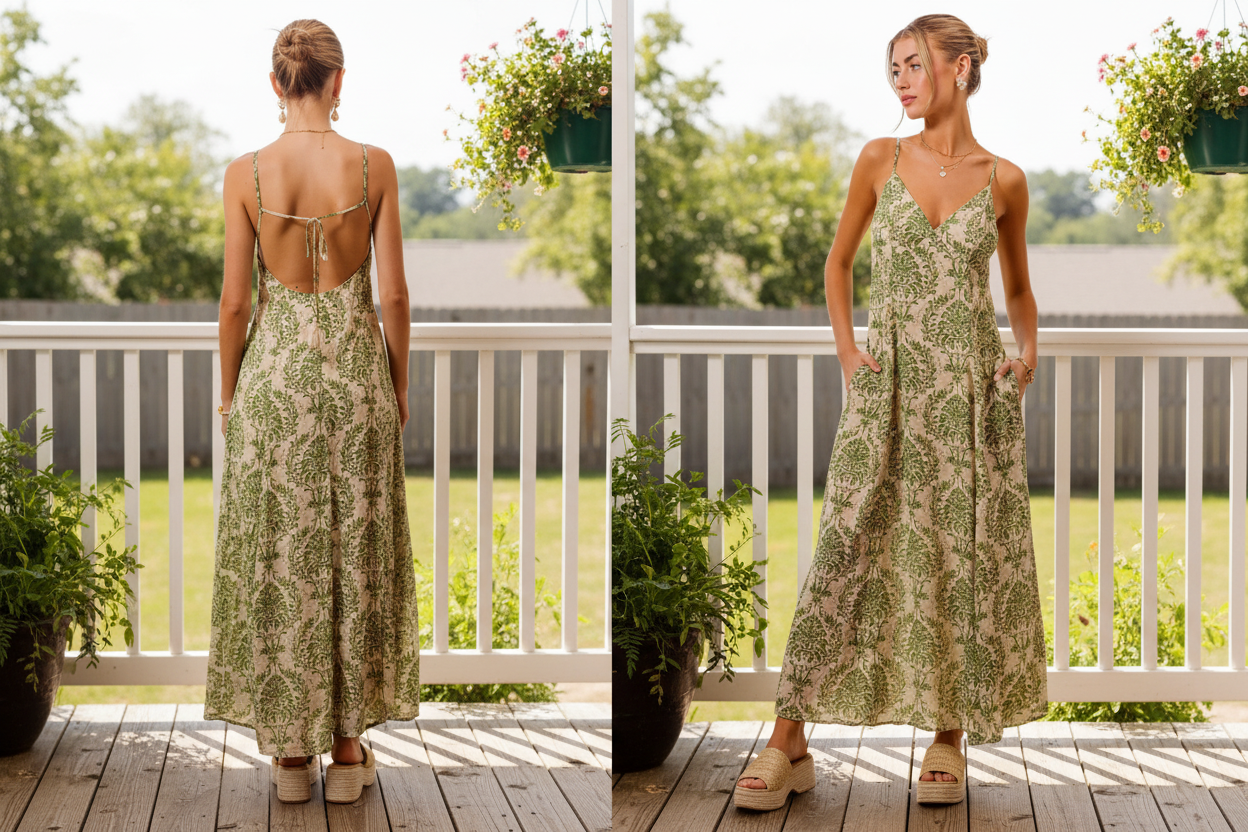 SO ME Damask Floral Boho Open Back Spaghetti Tassel Strap V-Neck Maxi Dress Sage Green