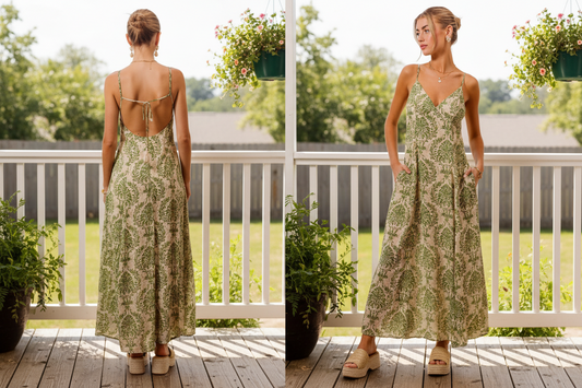 SO ME Damask Floral Boho Open Back Spaghetti Tassel Strap V-Neck Maxi Dress Sage Green
