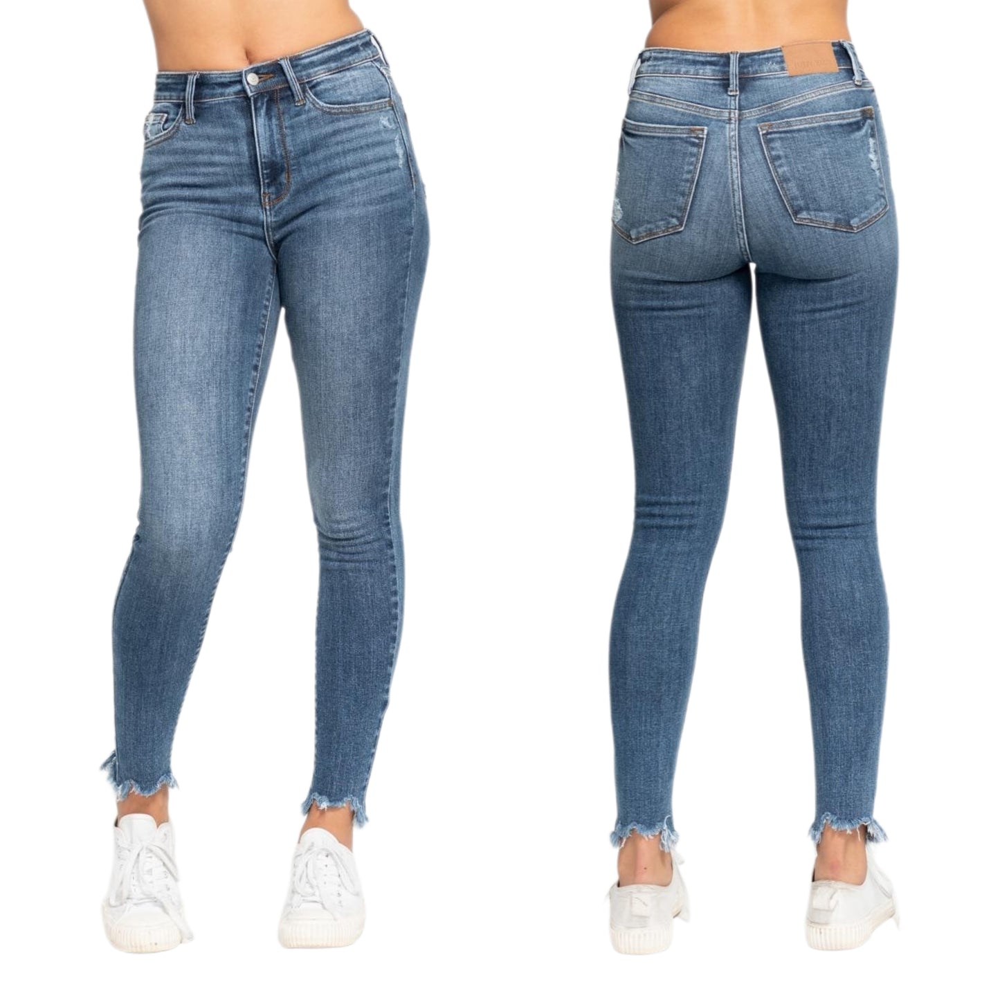 Judy Blue High-Rise Waist Skinny Fit Ankle Jeans Raw Shark Bite Hem Denim Pants