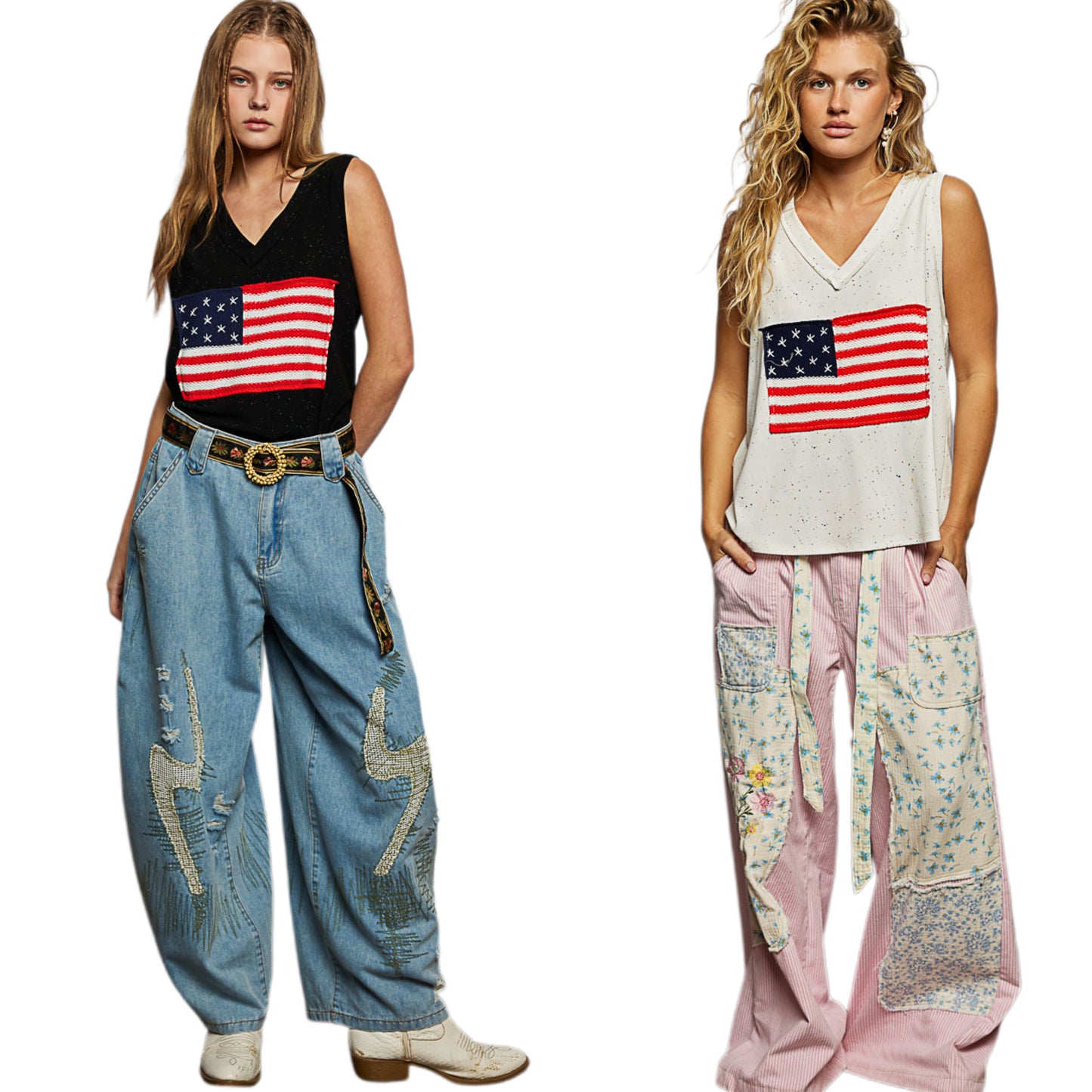POL Crochet American Flag Patchwork Ribbed Tank Top V-Neck Sleeveless Shirt Black