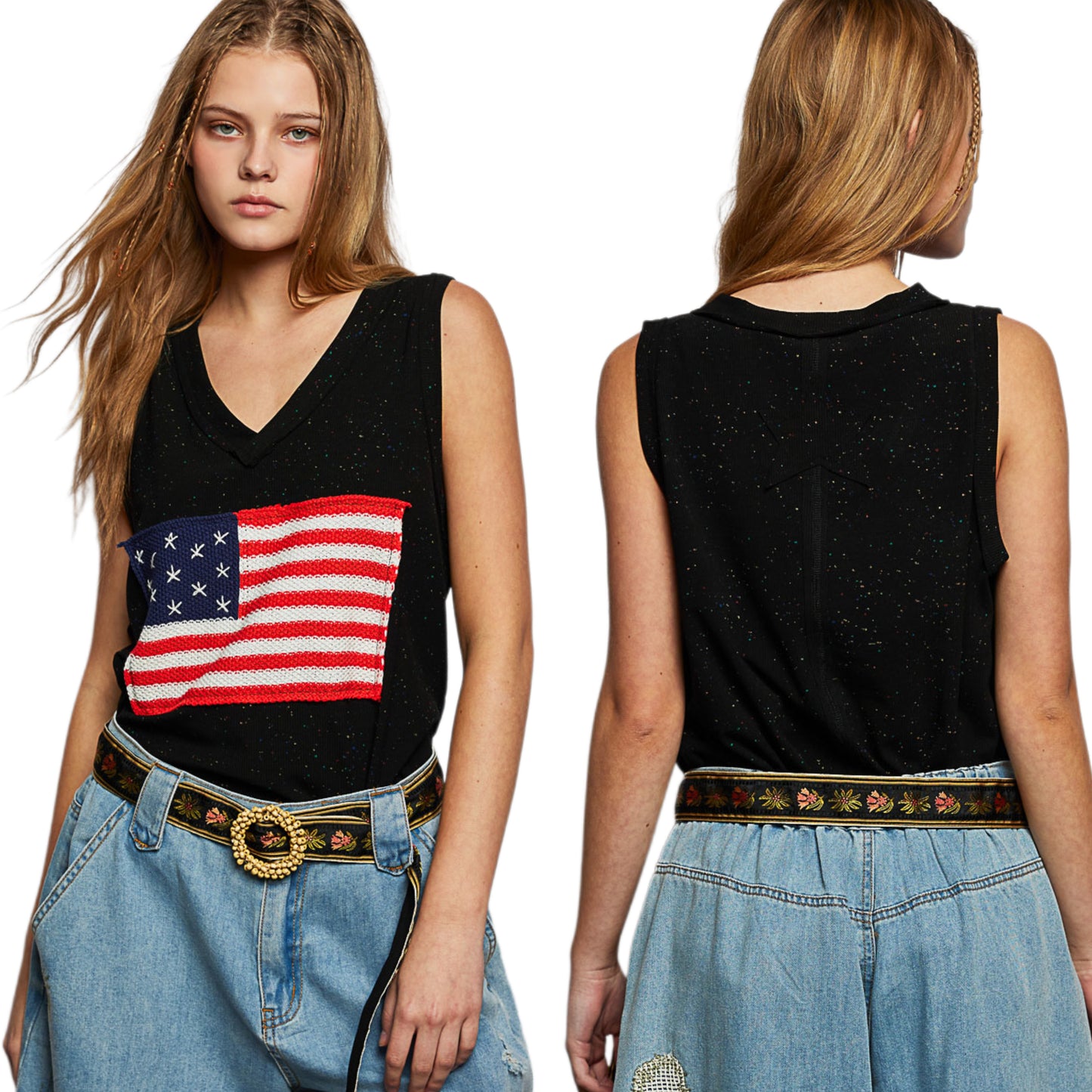 POL Crochet American Flag Patchwork Ribbed Tank Top V-Neck Sleeveless Shirt Black