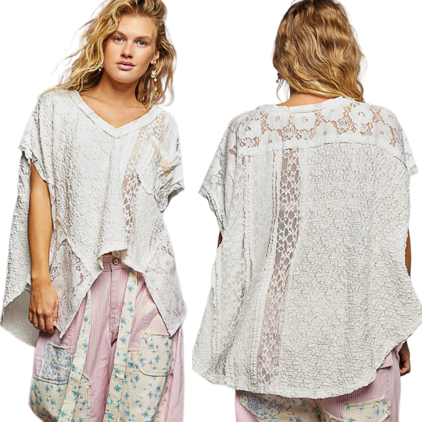 POL Lace Patchwork Asymmetrical Drape Shirt Oversized V-Neck Exposed Seam Top Off-white