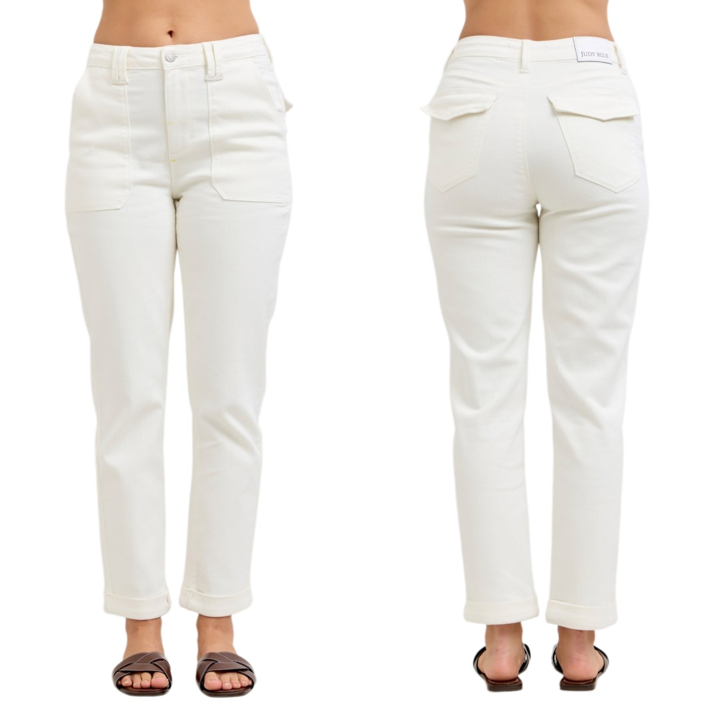 Judy Blue High-Rise Straight Leg Cuffed Ankle Jeans Patch Pocket Denim Pants White